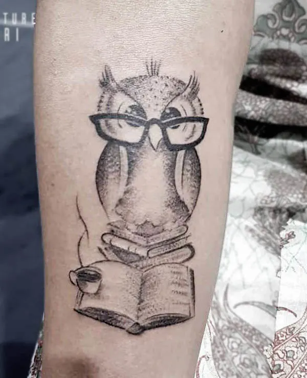 Books and owl teacher tattoo by @inkingculture