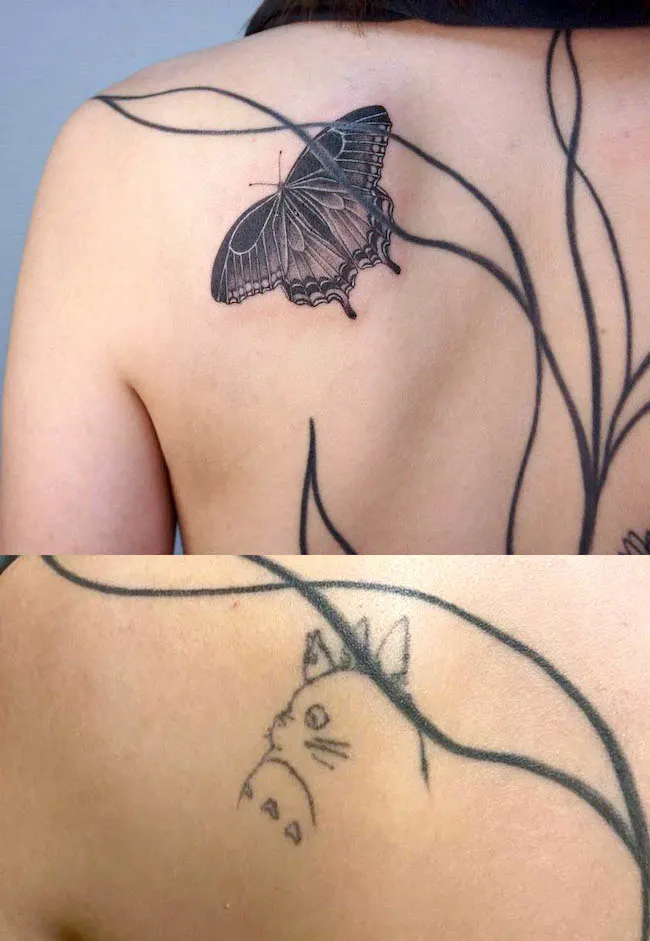 Cartoon into butterfly cover up tattoo by @azusatattoo
