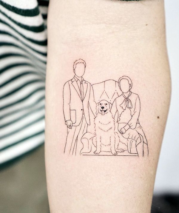 Family with dog tattoo by @ziv_tattooer