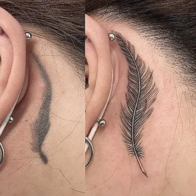 Feather cover up tattoo behind the ear by @1blacktattoos - Clever and stunning cover-up tattoos