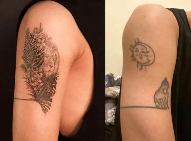 Feminine lion sleeve cover-up tattoo by @mangsitattoo