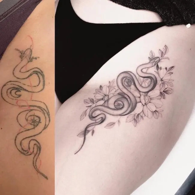 Floral snake cover up tattoo one the thigh by @elenayelloww