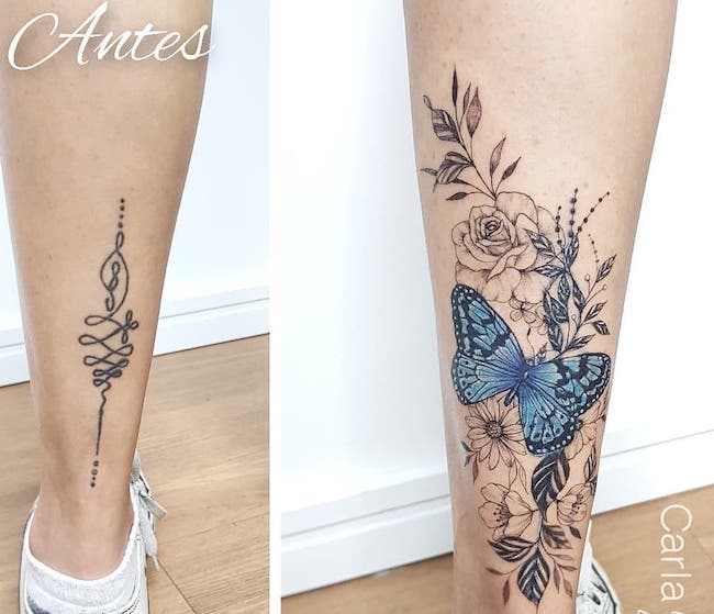 Intricate butterfly floral tattoo by @carlagalvaotattoo