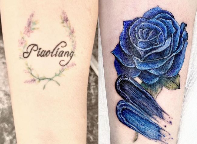 Lettering tattoo cover-up with rose by @tattooist__ria