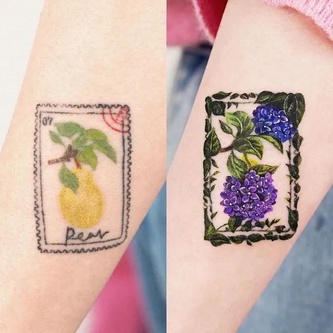 Pear into grapes arm cover up tattoo by @fluffy_tattoo