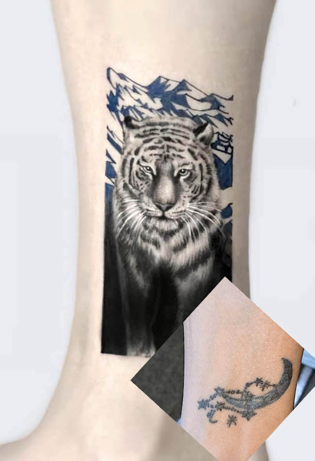 Tiger cover-up tattoo on the ankle by @mimique_tattoo - Clever and stunning cover-up tattoos