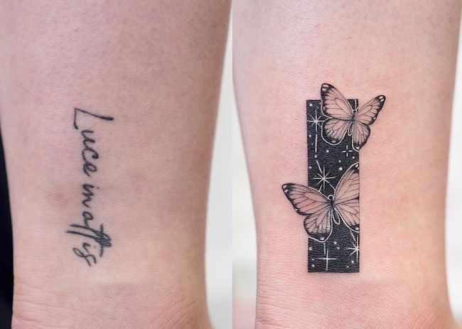 Universe and butterfly cover-up tattoos on the leg by @dan_tattooer