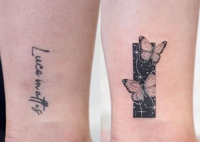 Universe and butterfly cover-up tattoos on the leg by @dan_tattooer