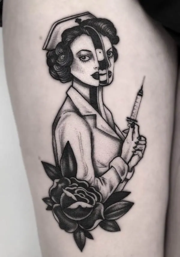 Black and grey creepy nurse tattoo by @gin.wolf