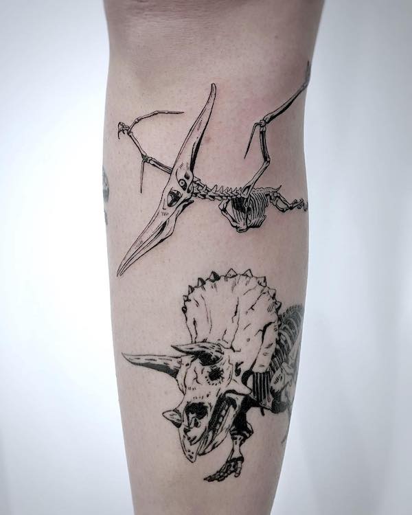 Detailed Triceratops and Pterodactyl skeleton tattoo by @arri_tattoo