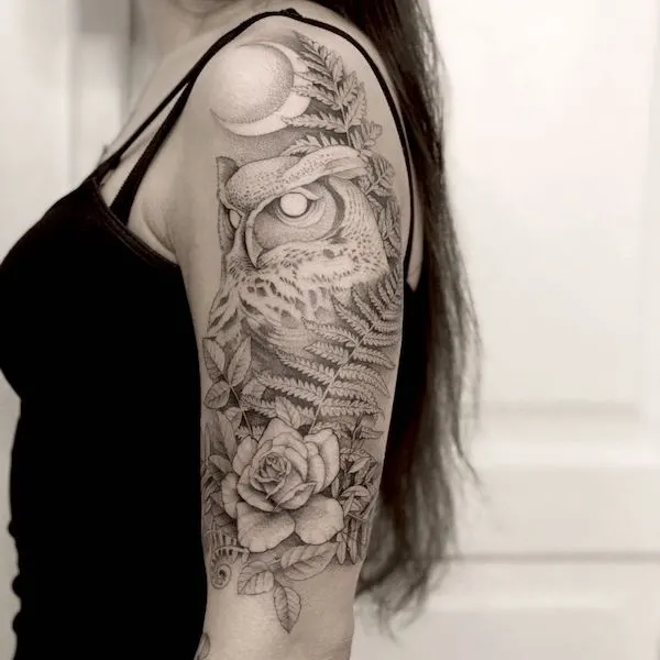 Gorgeous owl full sleeve tattoo by @blackbirddotwork