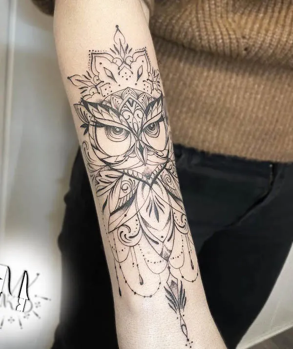 Intricate forearm owl tattoo by @emylinkedtattoo
