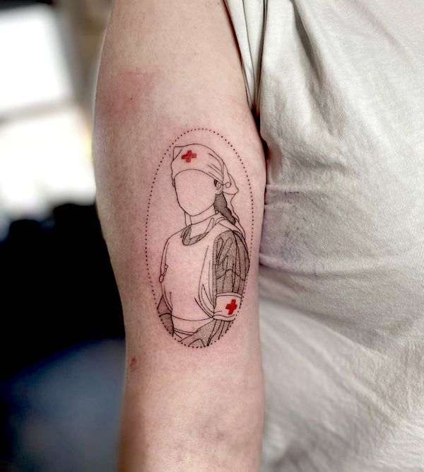 Minimalist black and red arm tattoo for nurses by @neilcampbellart