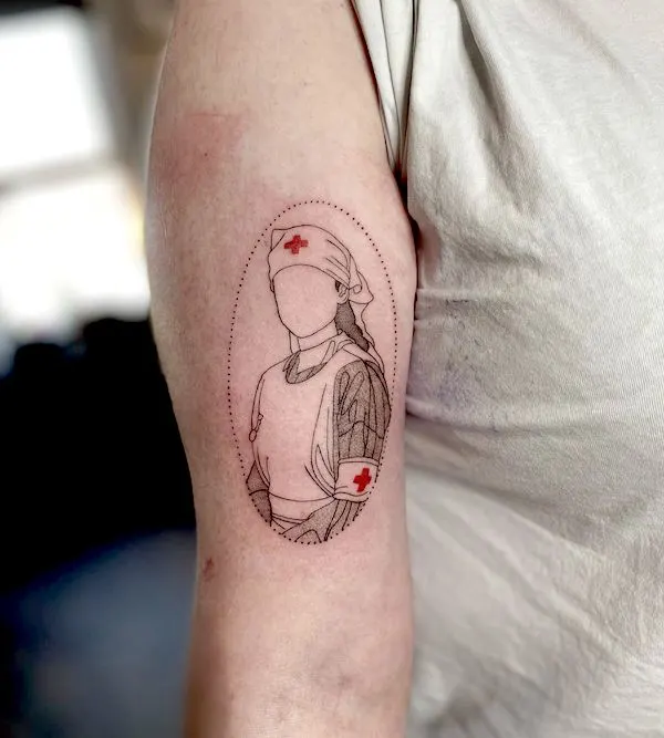 Minimalist black and red arm tattoo for nurses by @neilcampbellart