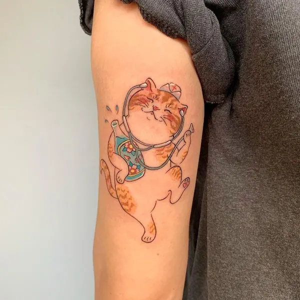 Nurse cat tattoo by @coffincrickettattoo