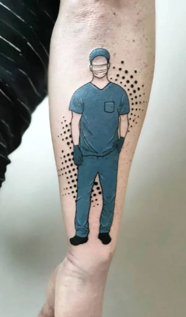Nurse figure tattoo on the forearm by @bambi_tattoo