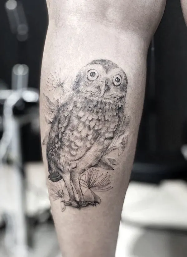 Photogenic owl calf tattoo by @pauloronter