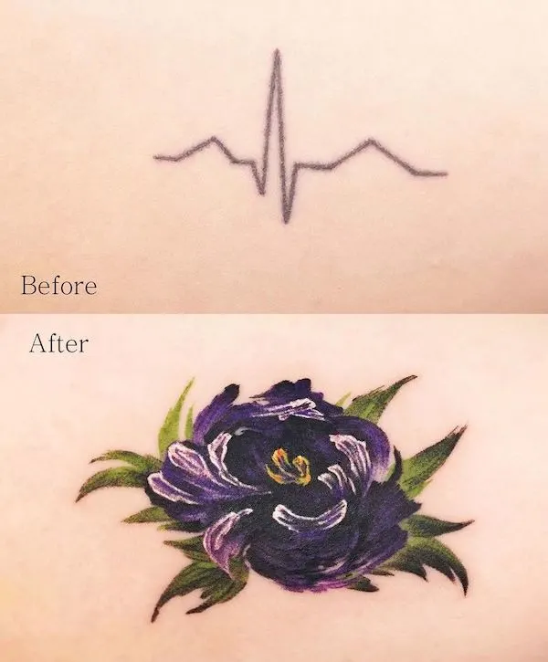 Purple rose cover up tattoo by @tattooist_zela