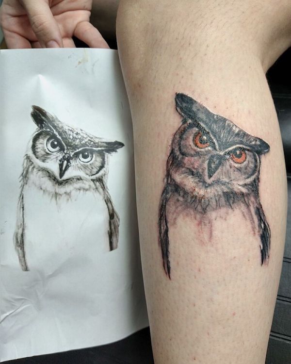 Realism color owl tattoo on the calf by @kratosink84