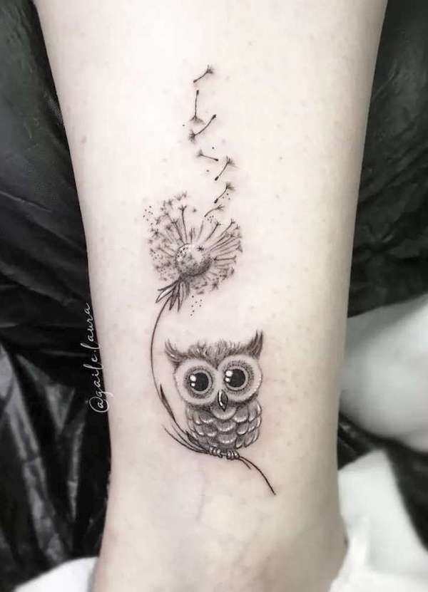 Small owl and dandelion tattoo by @gaile.laura