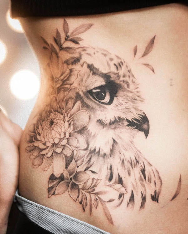 Stunning realism owl and flowers tattoo by @markoff_tattoo