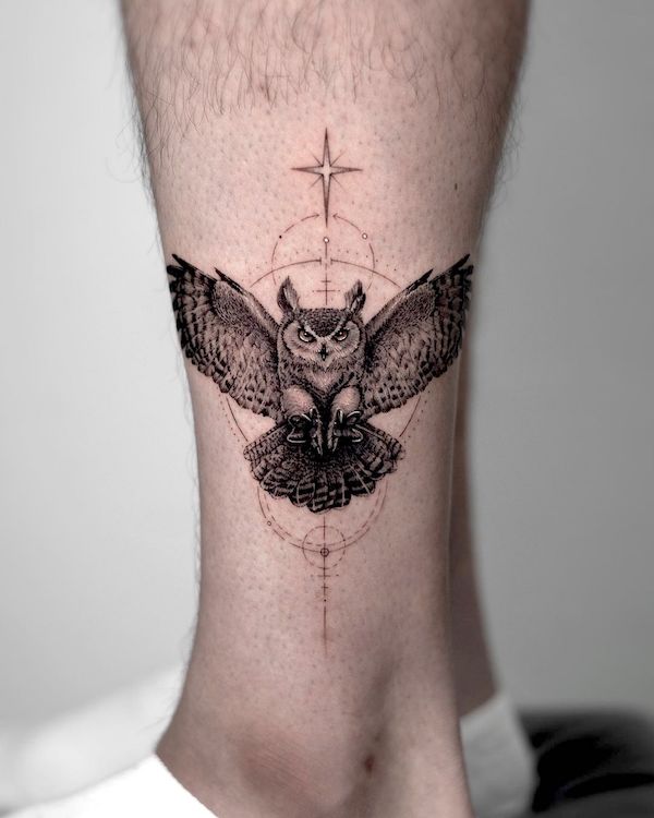Symmetrical owl and star tattoo by @seoulinktattoo