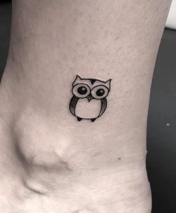 Tiny owl ankle tattoo by @inkredibletattoos