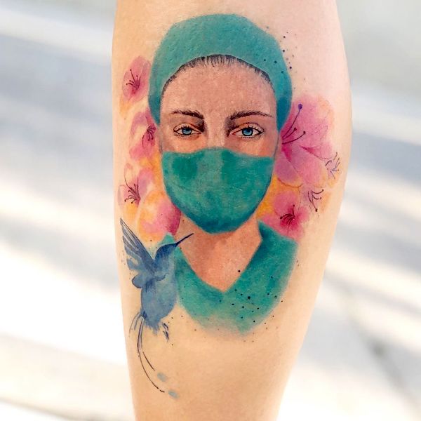 Watercolor nurse portrait and nightingale tattoo by @tracyxutattoos