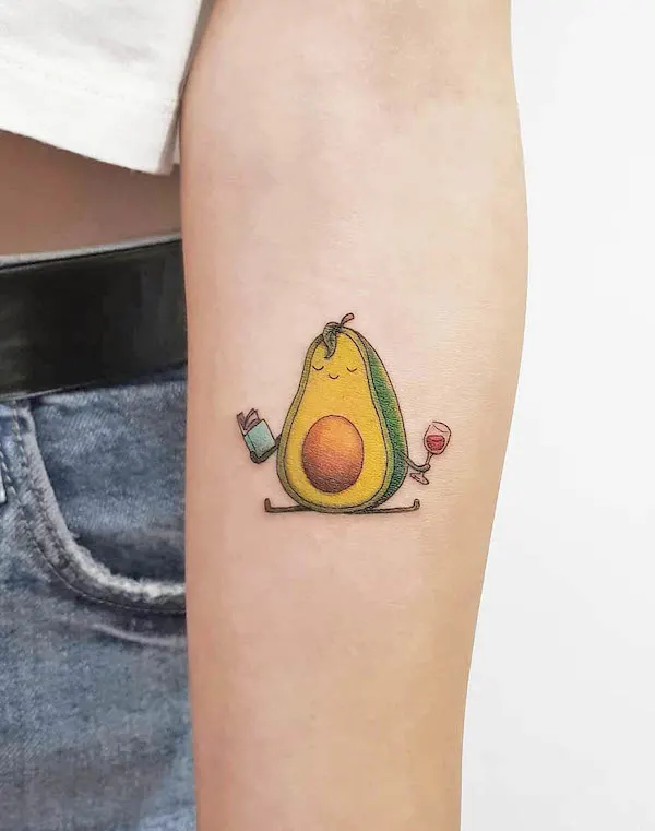 Cute yoga avocado forearm tattoo by @by_vas