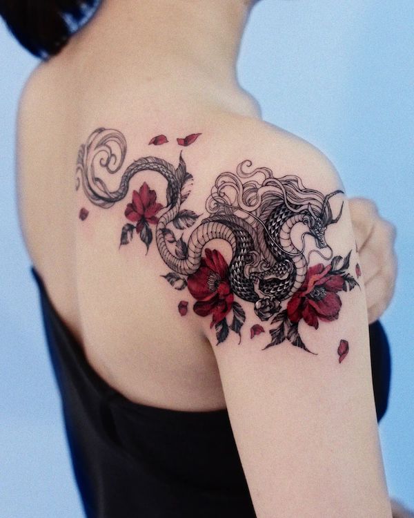 Floral dragon shoulder tattoo by @harusisun