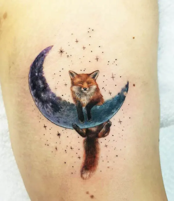 Fox on the moon calf tattoo by @naomivargatattoo