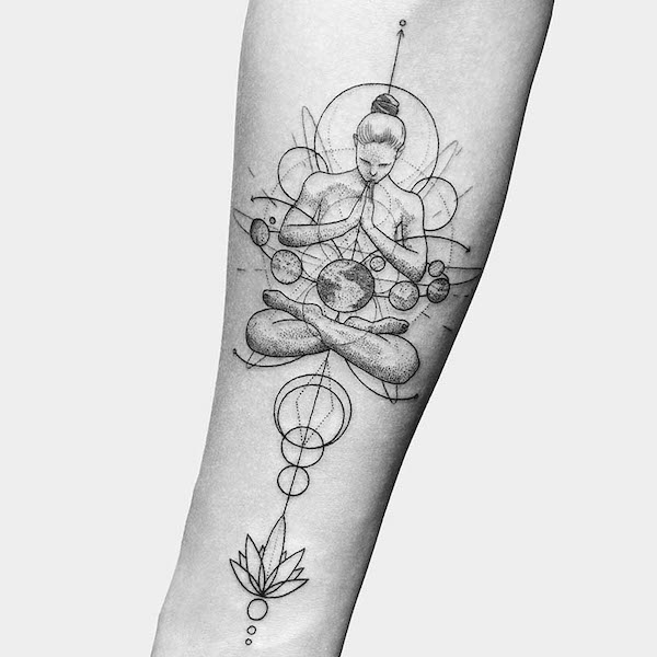Intricate lotus position tattoo for yogis by @fedornozdrin