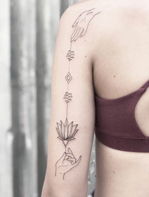 Mudra hand and lotus arm tattoo by @lisa.von_.tattoos