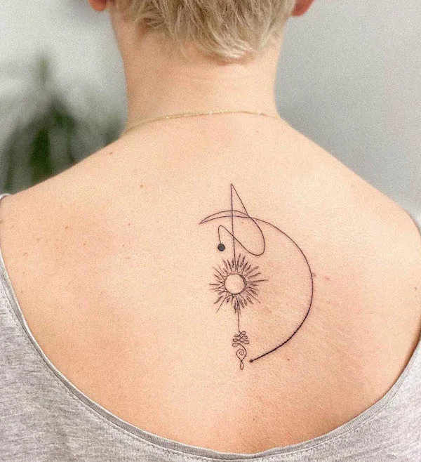 Unalome symbol tattoo on the back by @pelinnsimsek