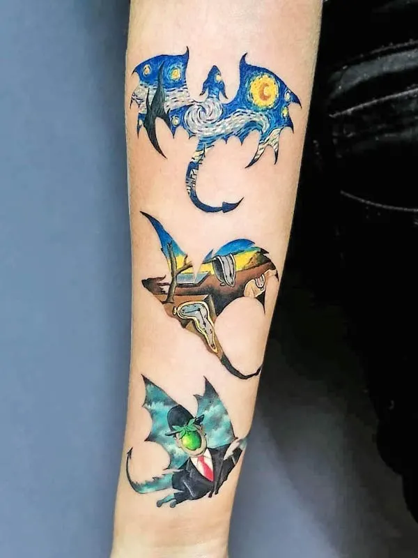 Artistic dragons tattoo by @michael_aravena_tatuajes