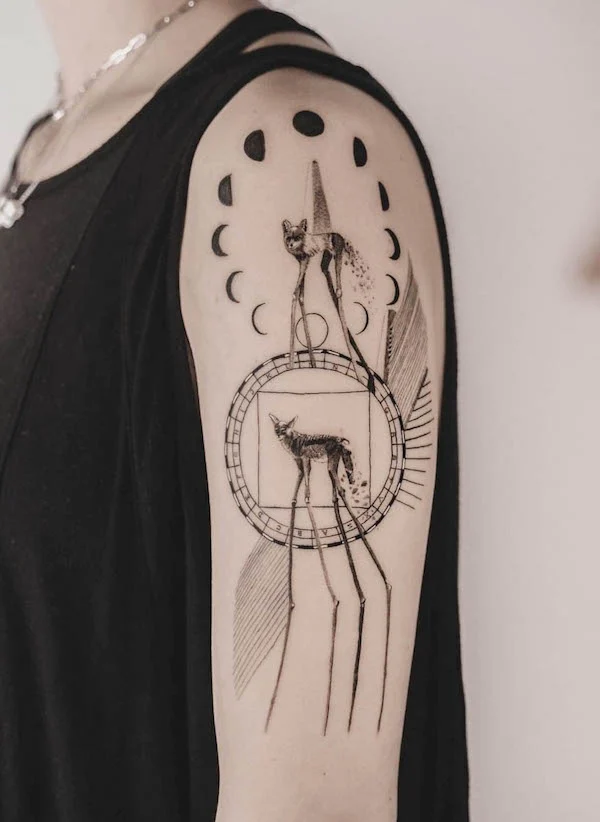 Moon and Dali sleeve tattoo by @vacuo_studio