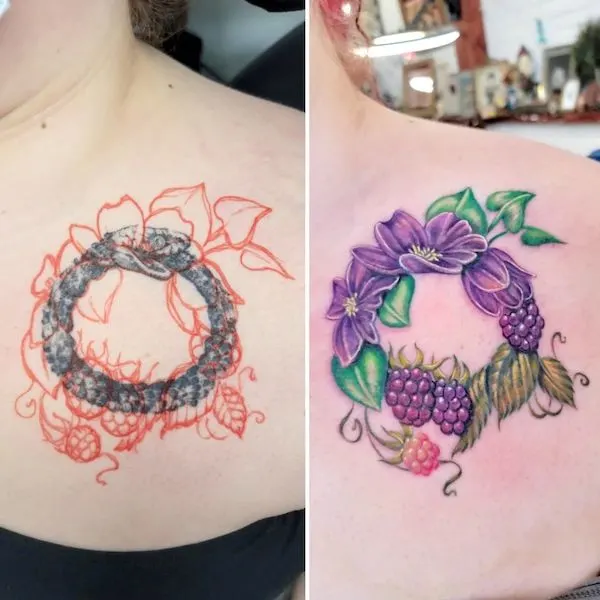 Ouroboros to wreath tattoo by @inkstress