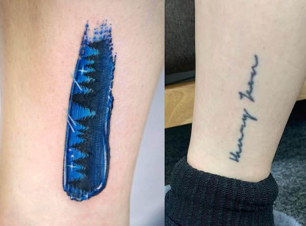 Quote to art cover up tattoo before and after by @gemma_tattooer