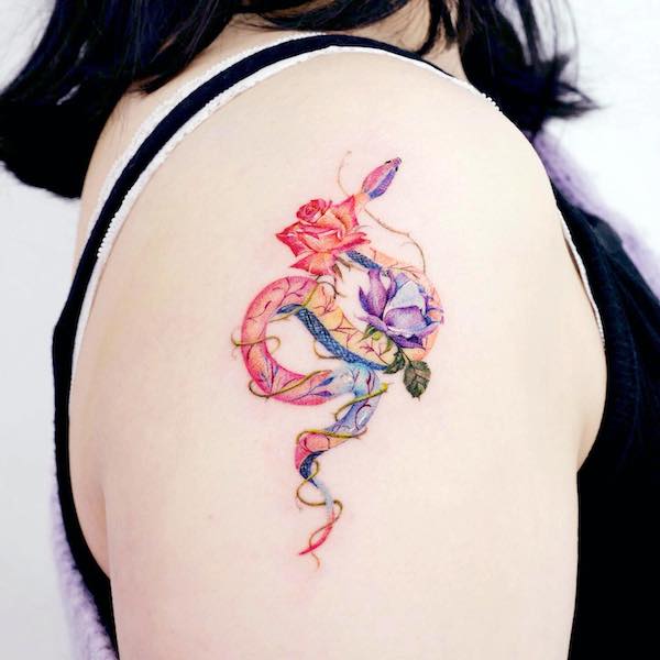 Rose and snake tattoo by @tilda_tattoo