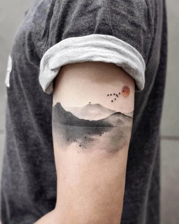 Small Mountains With Full Moon Tattoo On Side Rib