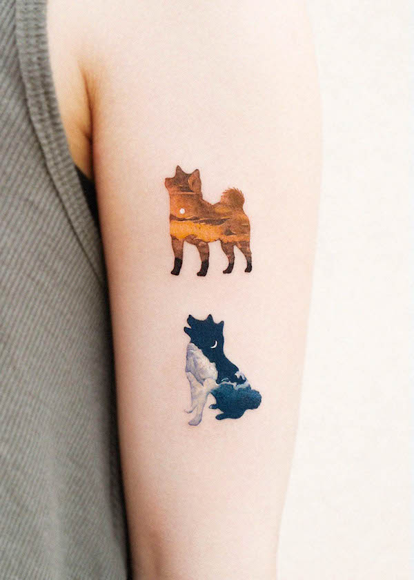 Landscape and scenery tattoos for dog lovers by @hansantattoo