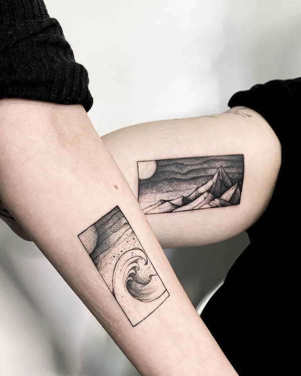 Matching waves and mountains landscape tattoos by @vaaadaaa.tattoo