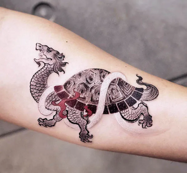 The Black Tortoise arm tattoo by @chenjie.newtattoo