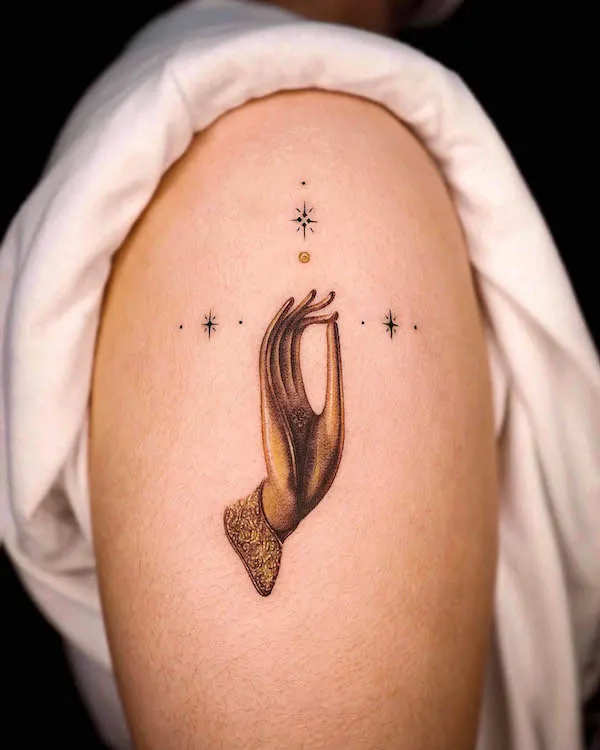 Buddha hand gesture tattoo by @rizn__tattoo