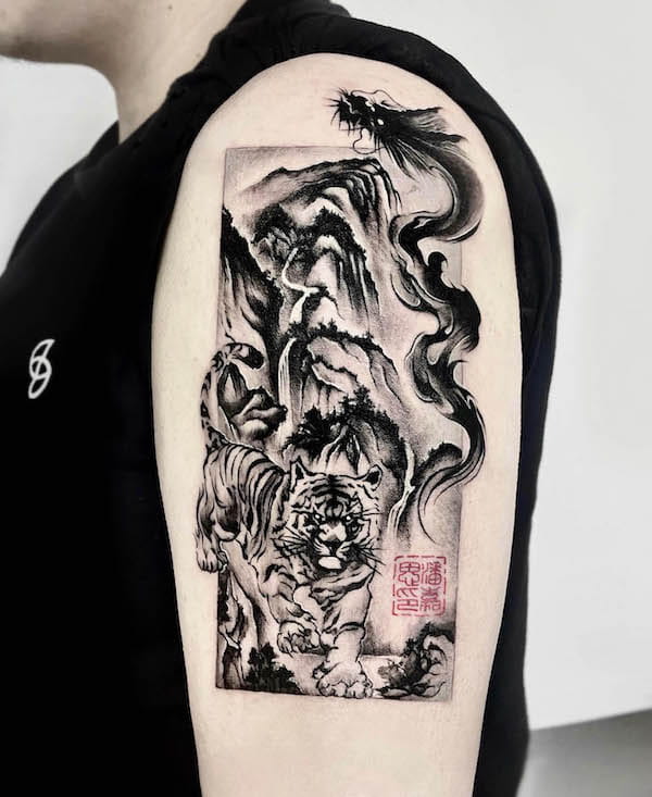 Tiger and dragon painting sleeve tattoo by @jing.tattoo