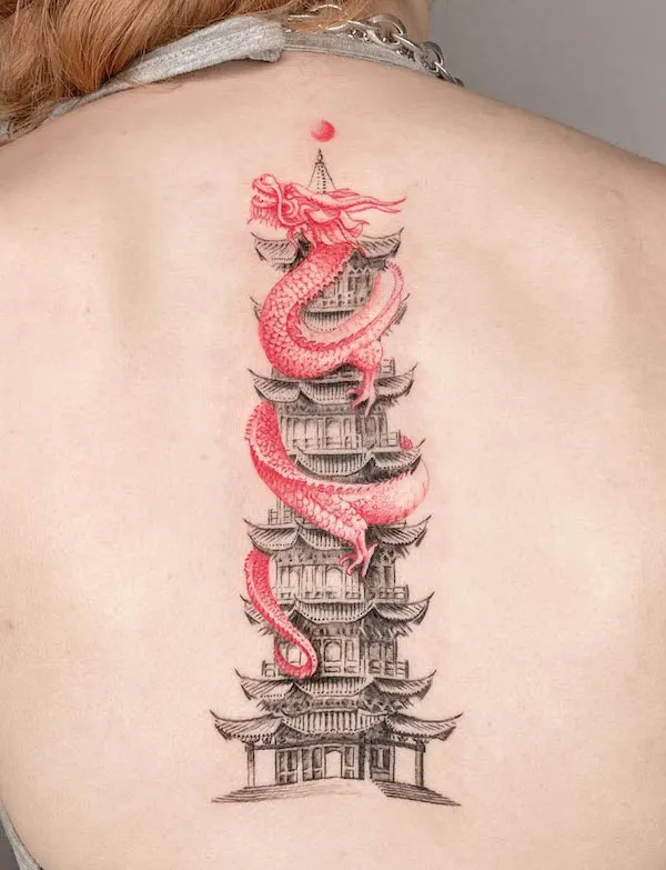 Dragon and temple tattoo by @lemontreeink
