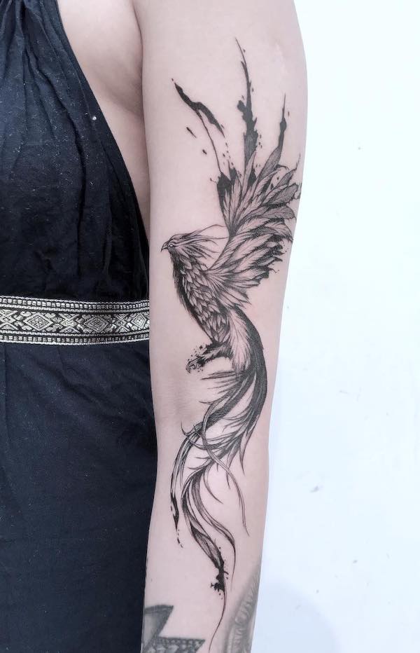 Black phoenix sleeve tattoo by @angel_inkylicious