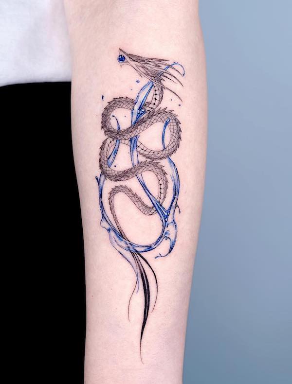 Blue dragon forearm tattoo by @bium_tattoo