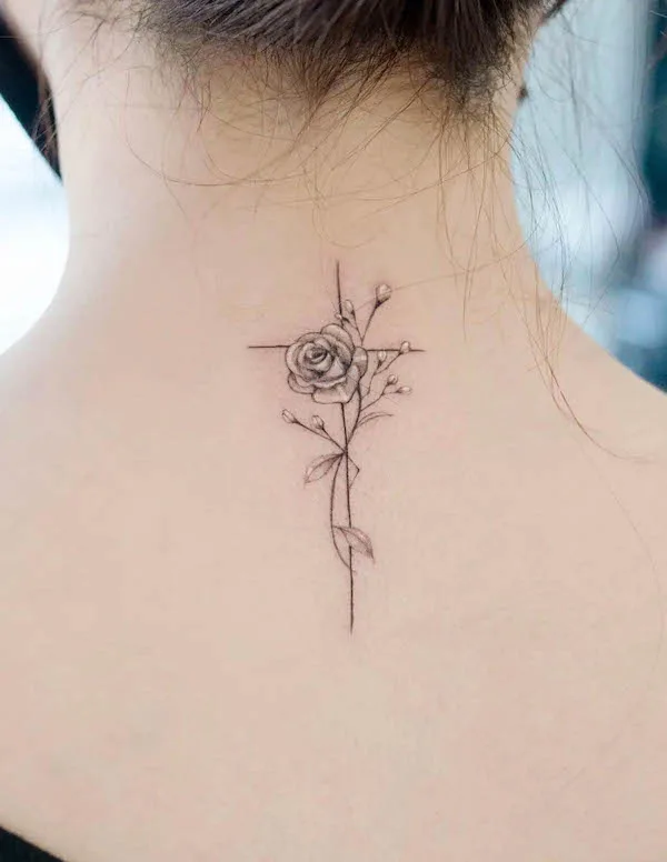 Rose and cross on the back of the neck by @arese_tattoo