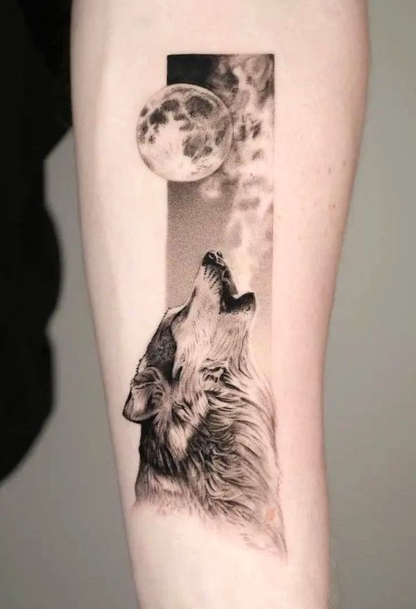 Howling wolf and moon rectangle tattoo by @thommesen_ink